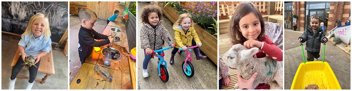 children playing outdoors at The POD Wilmslow childcare nursery Cheshire